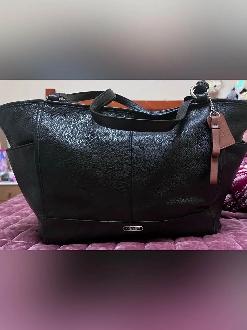 Coach Black Pebbled Leather Tote with Logo Plaque